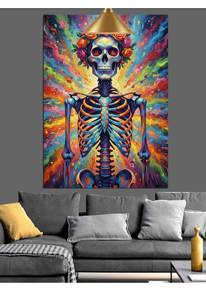 Çiçek Taçlı Iskelet Kuru Kafa Eğlenceli Renkli Dekoratif Kanvas - Mdf Ahşap Tablo indirimleri