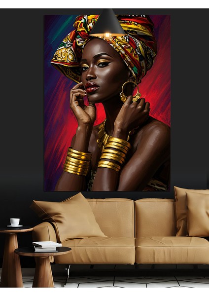 Altın Takılı Afrika Kadını Portresi Koyu Fon Dekoratif Kanvas - Mdf Ahşap Tablo