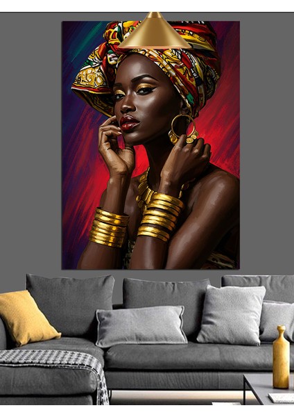 Altın Takılı Afrika Kadını Portresi Koyu Fon Dekoratif Kanvas - Mdf Ahşap Tablo fiyatları