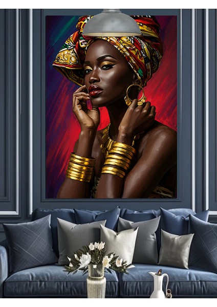 Altın Takılı Afrika Kadını Portresi Koyu Fon Dekoratif Kanvas - Mdf Ahşap Tablo modelleri