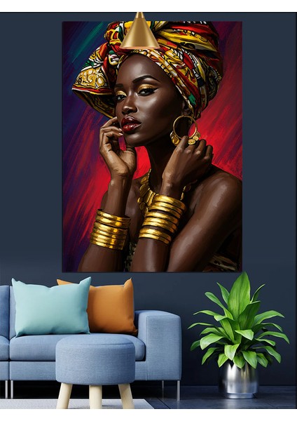 Altın Takılı Afrika Kadını Portresi Koyu Fon Dekoratif Kanvas - Mdf Ahşap Tablo indirimleri
