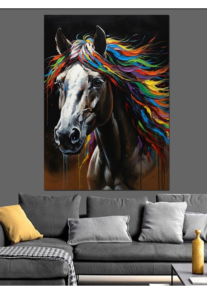 Renkli Yeleli At Portresi Dekoratif Kanvas - Mdf Ahşap Tablo