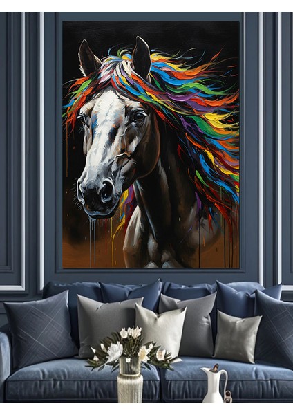 Renkli Yeleli At Portresi Dekoratif Kanvas - Mdf Ahşap Tablo fiyatları