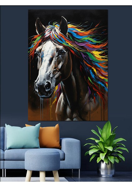 Renkli Yeleli At Portresi Dekoratif Kanvas - Mdf Ahşap Tablo modelleri