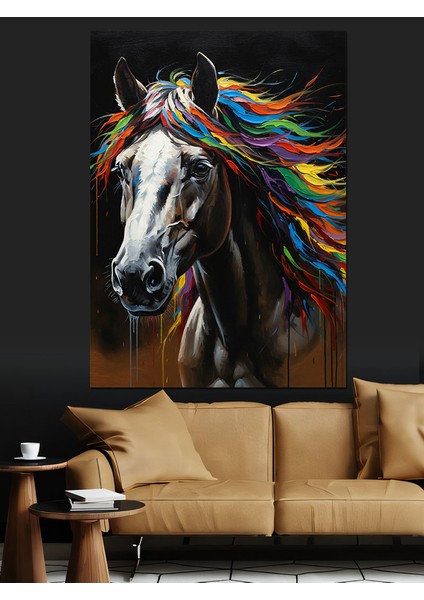 Renkli Yeleli At Portresi Dekoratif Kanvas - Mdf Ahşap Tablo fırsatları