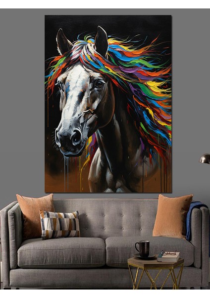 Renkli Yeleli At Portresi Dekoratif Kanvas - Mdf Ahşap Tablo indirimleri