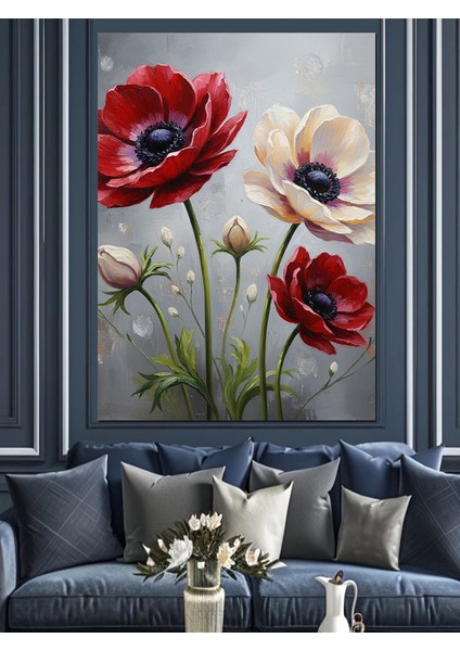 Kırmızı Gelincik Beyaz Çiçekler Dekoratif Kanvas - Mdf Ahşap Tablo