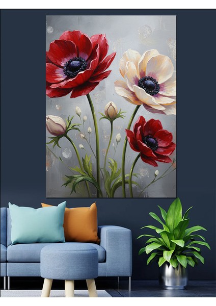 Kırmızı Gelincik Beyaz Çiçekler Dekoratif Kanvas - Mdf Ahşap Tablo fiyatları
