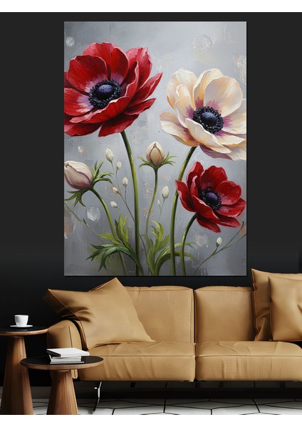 Kırmızı Gelincik Beyaz Çiçekler Dekoratif Kanvas - Mdf Ahşap Tablo modelleri