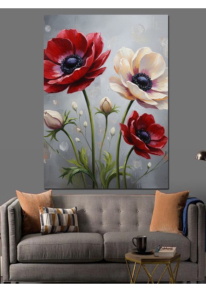 Kırmızı Gelincik Beyaz Çiçekler Dekoratif Kanvas - Mdf Ahşap Tablo fırsatları
