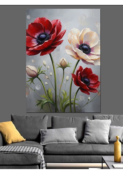 Kırmızı Gelincik Beyaz Çiçekler Dekoratif Kanvas - Mdf Ahşap Tablo indirimleri
