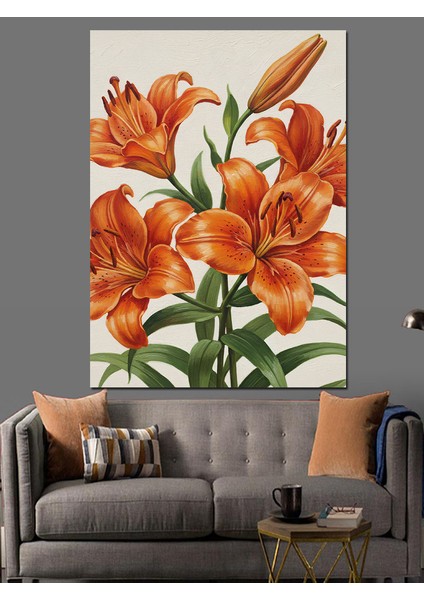 Turuncu Zambak Çiçekleri Buket Dekoratif Kanvas - Mdf Ahşap Tablo