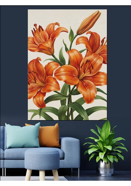 Turuncu Zambak Çiçekleri Buket Dekoratif Kanvas - Mdf Ahşap Tablo fırsatları