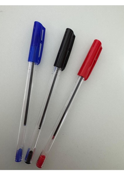 Tükenmez Kalem Üçgen Gövdeli Şeffaf Mavi Siyah Kırmızı (3 Adet)