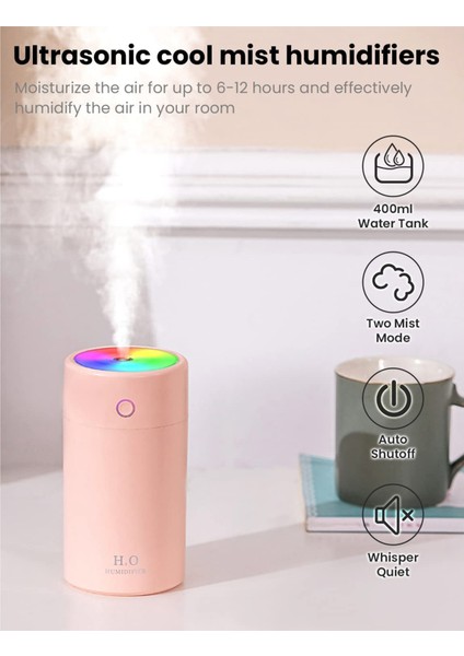 Nemlendirici Mini USB Hava Nemlendirici 400 ml Renkli Gece Lambası ile Otomatik Kapanma Ev Araba Yatak Odası Ofis Pembe (Yurt Dışından) fiyatları