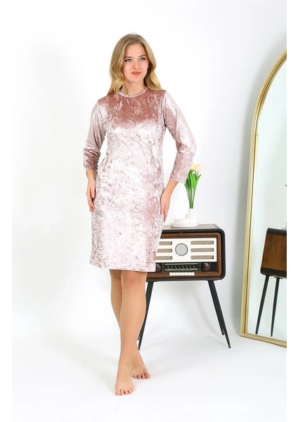 Kadife Ev Elbisesi Tunik Gecelik Pudra