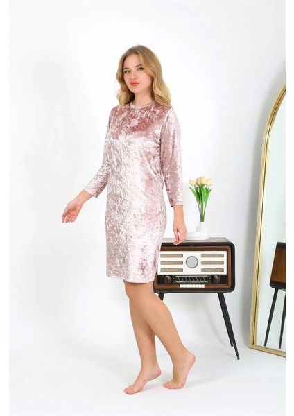 Kadife Ev Elbisesi Tunik Gecelik Pudra modelleri