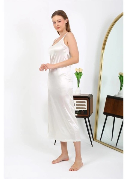 Yırtmaçlı Uzun Saten Gecelik Ekru modelleri