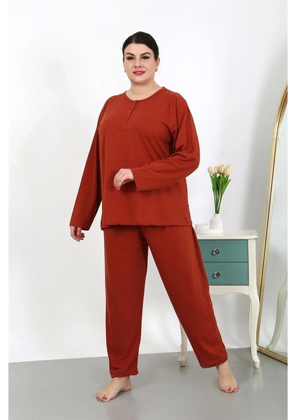 Kadın Büyük Beden Uzun Kol Penye Pijama Takımı Kiremit modelleri