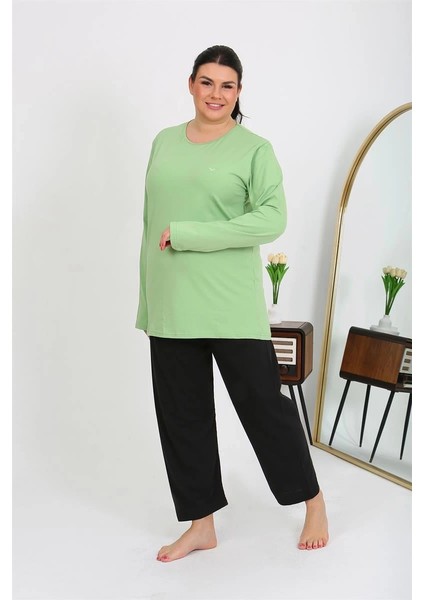 Kadın Büyük Beden Uzun Kol Penye Pijama Takımı Fıstık Yeşili