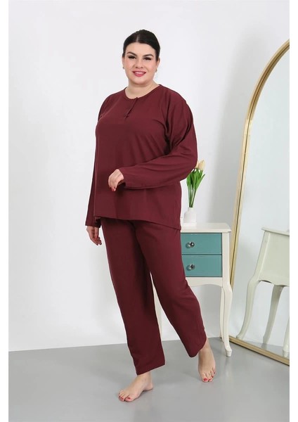 Kadın Büyük Beden Uzun Kol Penye Pijama Takımı Bordo