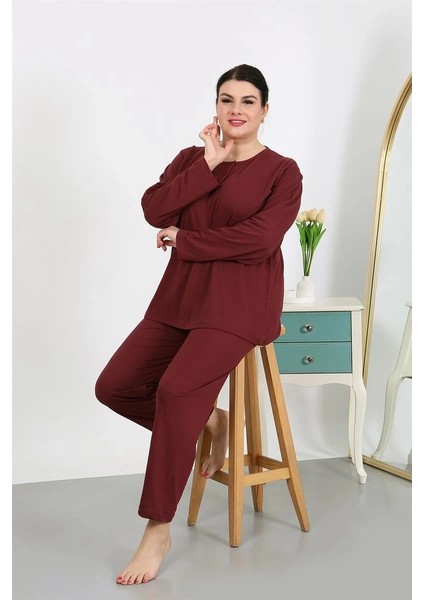Kadın Büyük Beden Uzun Kol Penye Pijama Takımı Bordo modelleri