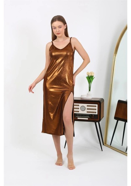 Kadın Ip Askılı Uzun Parlak Micro Elbise Gecelik Kahverengi fiyatları