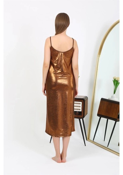 Kadın Ip Askılı Uzun Parlak Micro Elbise Gecelik Kahverengi indirimleri