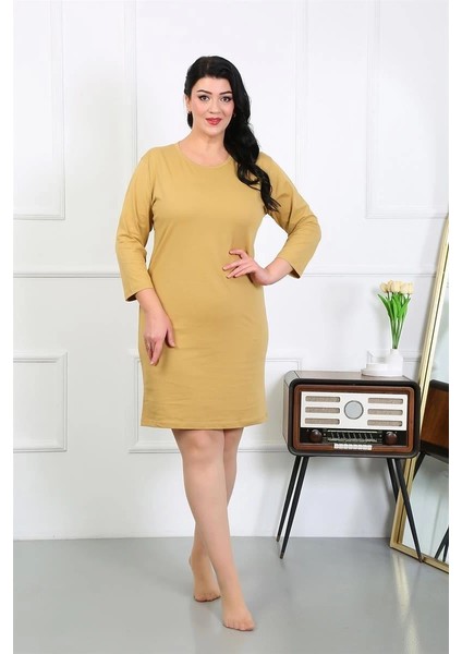 Kadın Büyük Beden Penye Gecelik Ev Elbisesi Hardal fiyatları