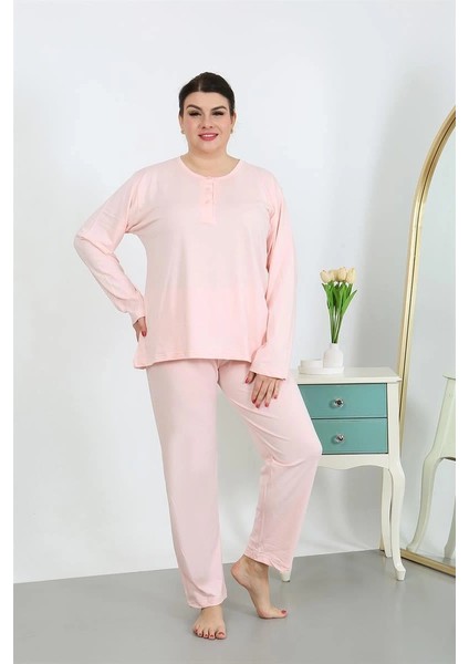 Kadın Büyük Beden Uzun Kol Penye Pijama Takımı Pembe