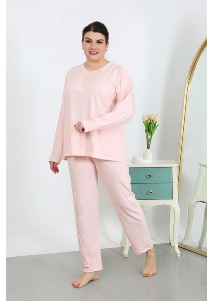 Kadın Büyük Beden Uzun Kol Penye Pijama Takımı Pembe modelleri