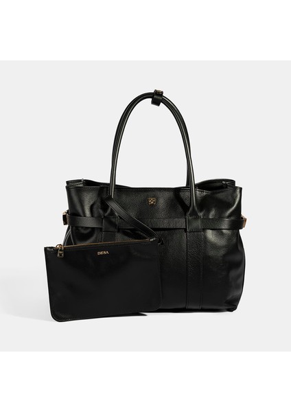 Kadın Siyah Cüzdan Aksesuarlı Deri Omuz Çantası