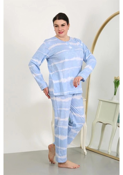 Kadın Büyük Beden Uzun Kol Penye Pijama Takımı Mavi indirimleri