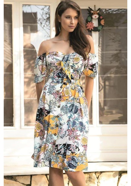 Mdb Dokuma Önden Bağlamalı Çiçek Baskılı Omuzu Düşük Büstiyer ve Önden Düğmeli Etek Takım modelleri