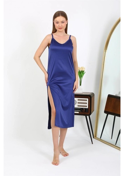 Yırtmaçlı Uzun Saten Gecelik Lacivert fiyatları