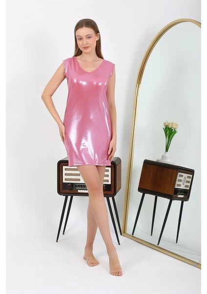 Kadın Kalın Askılı Kısa Parlak Micro Ev Elbisesi Gecelik Pembe fiyatları