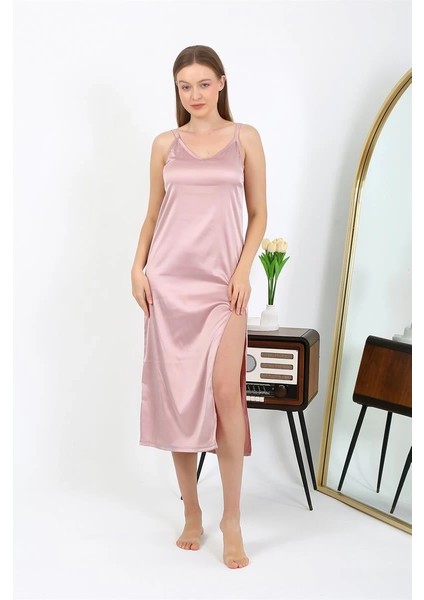 Yırtmaçlı Uzun Saten Gecelik Pudra fiyatları