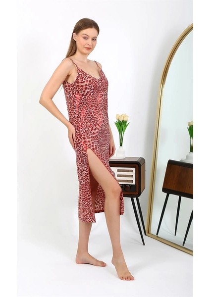 Kadın Ip Askılı Uzun Parlak Micro Elbise Gecelik Kırmızı