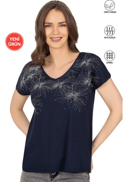 Özkan 25501 Kadın Vorteks Viskon Premium Kumaş Örme Bluz Önü Baskılı Likralı V Yaka Kısa Kollu