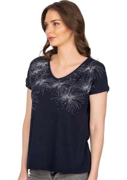 Özkan 25501 Kadın Vorteks Viskon Premium Kumaş Örme Bluz Önü Baskılı Likralı V Yaka Kısa Kollu modelleri