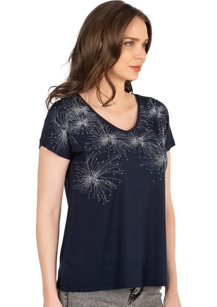 Özkan 25501 Kadın Vorteks Viskon Premium Kumaş Örme Bluz Önü Baskılı Likralı V Yaka Kısa Kollu fırsatları