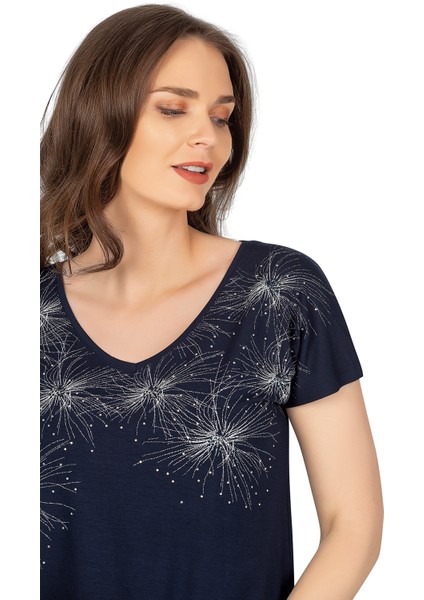 Özkan 25501 Kadın Vorteks Viskon Premium Kumaş Örme Bluz Önü Baskılı Likralı V Yaka Kısa Kollu indirimleri