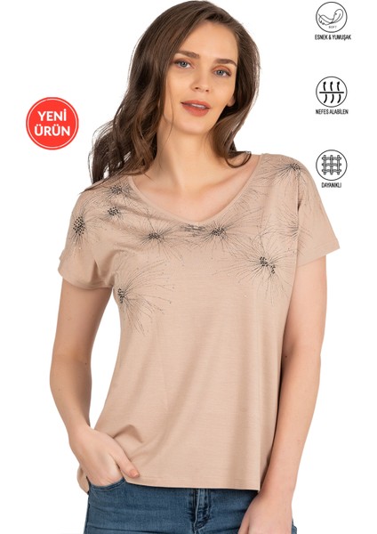 Özkan 25501 Kadın Vorteks Viskon Premium Kumaş Örme Bluz Önü Baskılı Likralı V Yaka Kısa Kollu