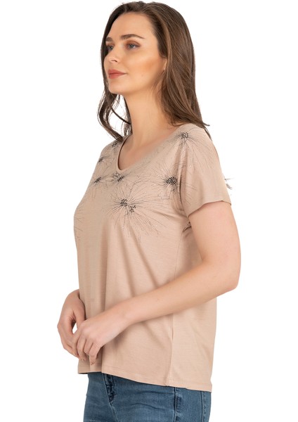 Özkan 25501 Kadın Vorteks Viskon Premium Kumaş Örme Bluz Önü Baskılı Likralı V Yaka Kısa Kollu modelleri