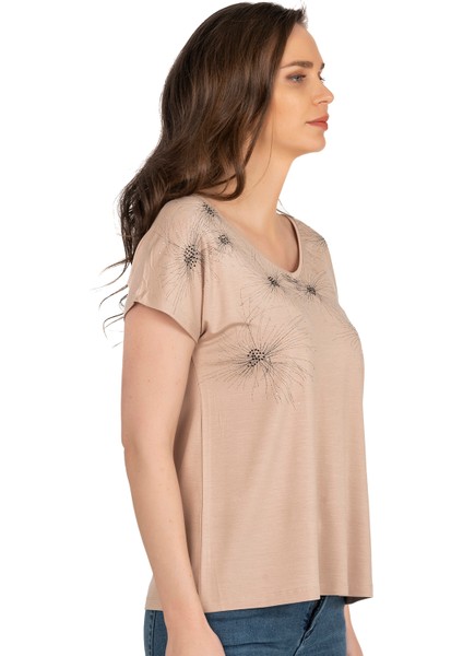 Özkan 25501 Kadın Vorteks Viskon Premium Kumaş Örme Bluz Önü Baskılı Likralı V Yaka Kısa Kollu fırsatları