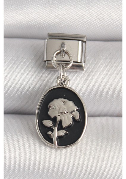 316L Çelik Gümüş Renk Gümüş Çiçek Işlemeli Siyah Portre Model Nomination Charm