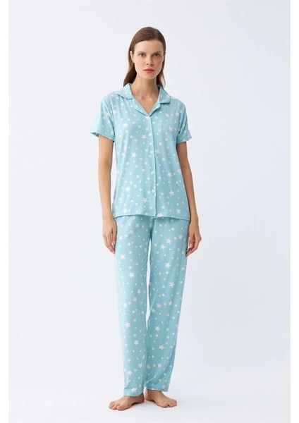Giyim Kadın Buz Mavisi Yıldız Desenli Önden Düğmeli Pijama Takımı fiyatları