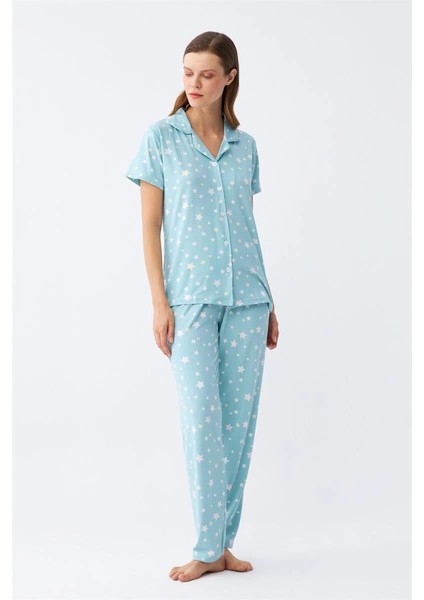 Giyim Kadın Buz Mavisi Yıldız Desenli Önden Düğmeli Pijama Takımı fırsatları