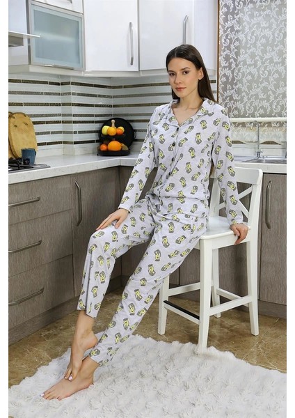 Kadın Pamuk Penye Önden Düğmeli Uzun Kol Pijama Takım Gri fırsatları