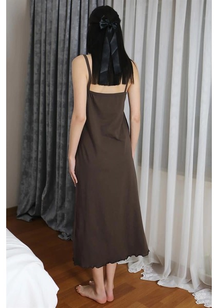 Kadın Ip Askılı Uzun Yırtmaçlı Pamuk Penye Gecelik Kahve fiyatları